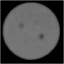 Hoofdstuk 6. Materiaal en methode Figuur 6.4: Zachtweefselcontrastfantoom. Links: ontwerp van fantoom [21]. Rechts: CT-beeld van fantoom. respectievelijk een diameter van 1 en 2,5 mm.