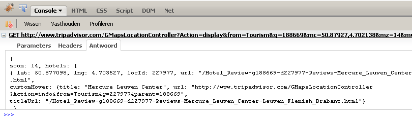 5.4. Databronnen FIGUUR 5.6: Firebug - http request naar TripAdvisor Bijvoorbeeld: request: http://www.tripadvisor.com/gmapslocationcontroller?action=display&from=tourism&g=188669 &mc=50.87927,4.