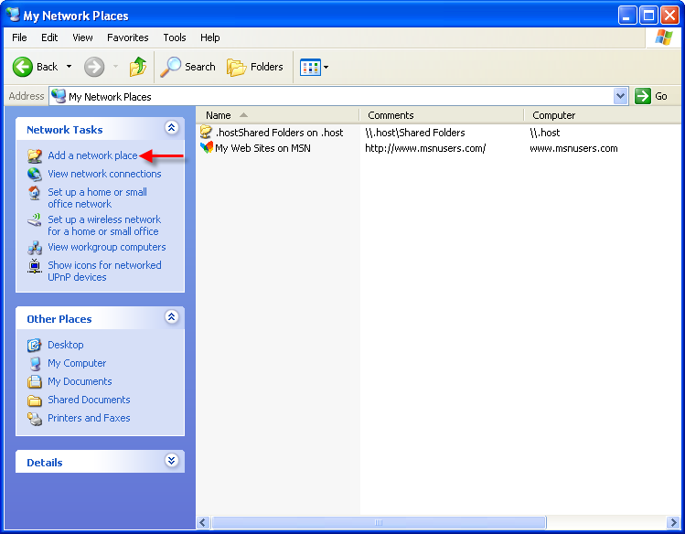 De Documentserver benaderen vanuit Windows XP Figuur 7.3. Een netwerklocatie maken in Windows XP De wizard Netwerklocatie toevoegen wordt gestart. Klik op Volgende om verder te gaan.