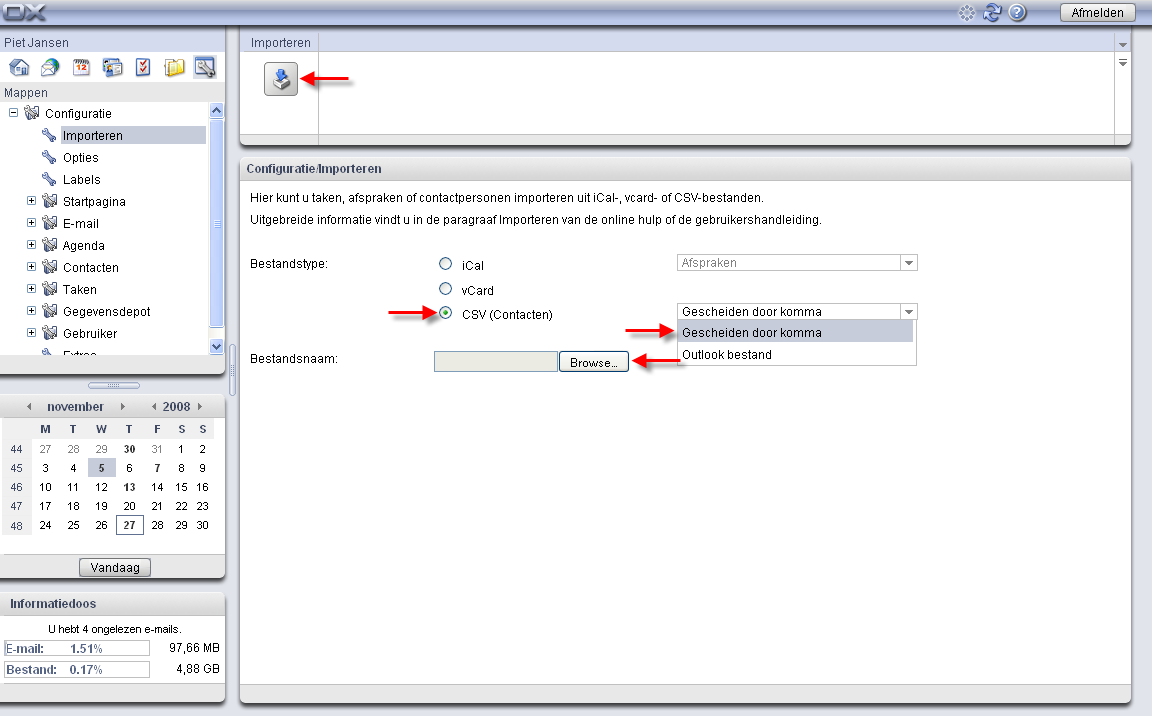 Exporteren Figuur 8.4. Importeren van contacten in CSV-formaat De contactgegevens zullen naar uw privémap worden geïmporteerd. 8.4. Exporteren Met de exporteerfunctie kunt u bepaalde groupware-gegevens wegschrijven voor gebruik met andere programma's.