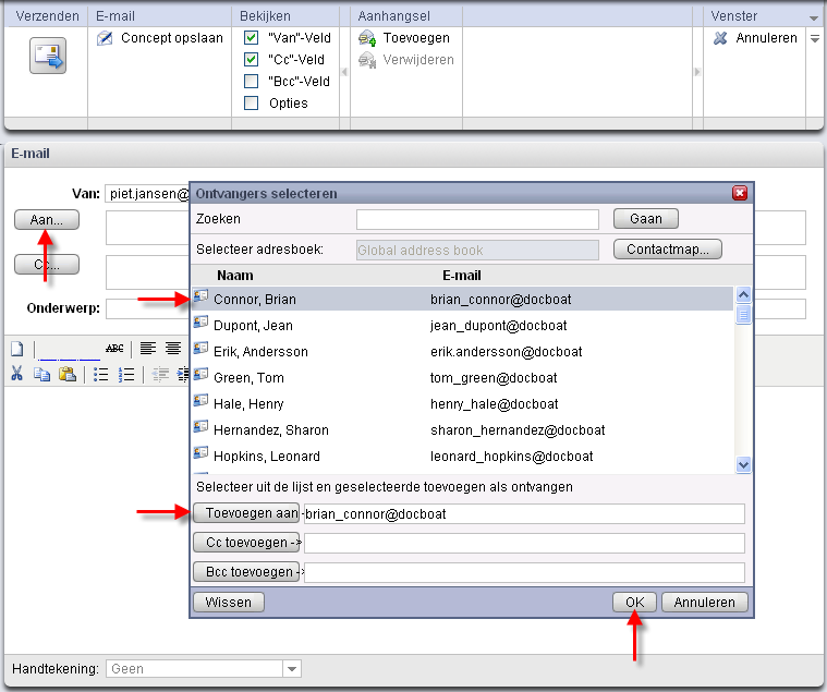 Nieuwe e-mails opstellen Figuur 2.3. E-mailontvangers toevoegen 2.11.2. CC Om het veld CC weer te geven, activeert u het keuzevinkje naast het veld "Cc" in de paneel onder Bekijken.