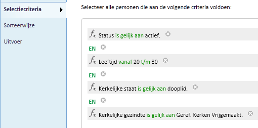 4.2. Voorbeeld Een selectie maken In dit voorbeeld wordt een selectie gemaakt van alle actieve personen, van 20 tot en met 30 jaar die als dooplid gekenmerkt staan.