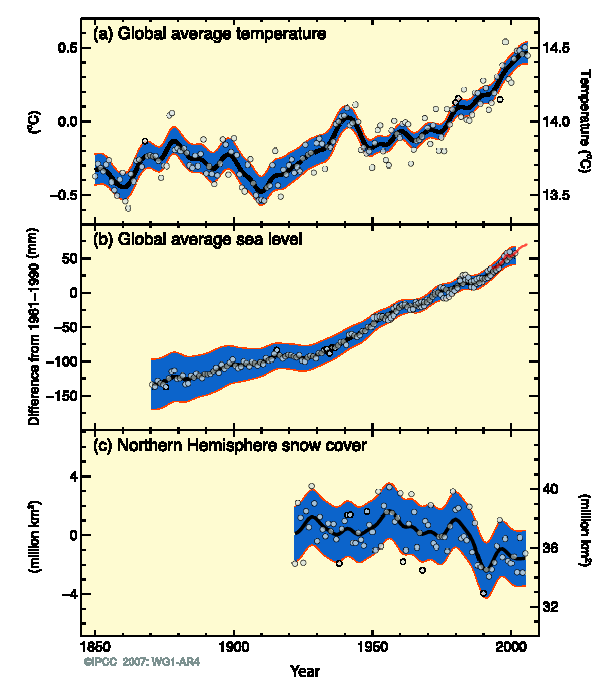 De temperatuur is mondiaal gemiddeld dus met bijna 0,8 C toegenomen en in Europa met ongeveer 1 C. Tussen 1995 en 2006 werden de warmste temperaturen gemeten sinds 1850.