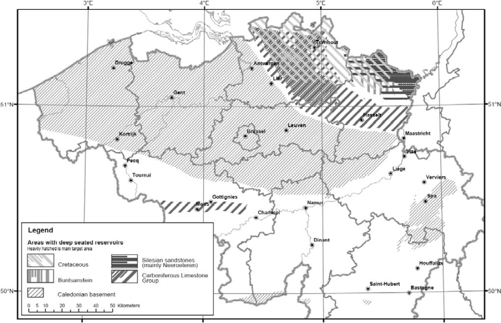 Deel 4 - Geothermisch project: Case-study Waterfront Figuur 23: Belgische temperatuurkaart op een diepte van 1000 m (naar Berckmans & Vandenberghe,1991).