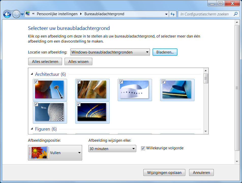 In dit venster kiest u de gewenste achtergrond: U kunt kiezen uit de Windows-afbeeldingen of uw eigen afbeeldingen. Daarnaast kunt u één of meerdere achtergronden gebruiken.