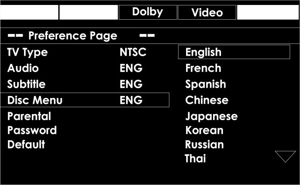 E. Preference (voorkeuren) Dit menu wordt gebruikt voor het instellen van: 01) TV Type (tv-type) 02) Audio Dit menu-item heeft geen functie in deze softwareversie.