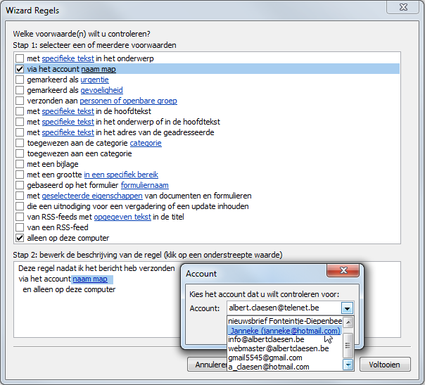 3. Selecteer 'via het account naam map', klik op de link 'naam map' en selecteer het account dat je