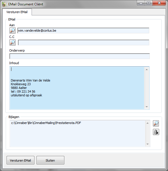 U kan dan eender welk type document versturen per email. Het aangeklikte document staat automatisch in bijlage.