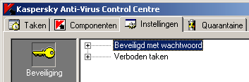 KASPERSKY ANTI-VIRUS Categorie Beveiliging Waarschuwingen Beheer op afstand Quarantaine Instellingen Gebruik Bevat parameters, verantwoordelijk voor de veiligheid van het systeem en gelimiteerde