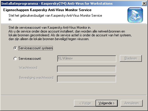 KASPERSKY ANTI-VIRUS Tekening 10. Dialoogvenster Instellingen Report Viewer Tekening 11. Dialoogvenster Eigenschappen Kaspersky Anti-Virus Monitor Service Stap 11.