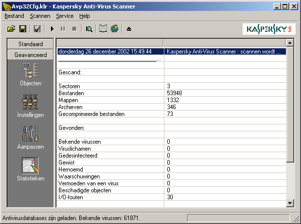 KASPERSKY AV SCANNER fouten van de input/output Onderaan toont de tabel de snelheid van het werkproces (in Кb/s) en de volledige tijd die nodig was voor het scannen van alle objecten Tekening 27.