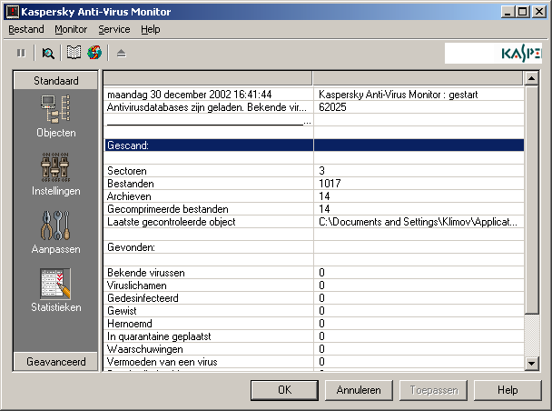 KASPERSKY ANTI-VIRUS De tabel is verdeeld in twee delen: "Gecontroleerd en Gevonden.