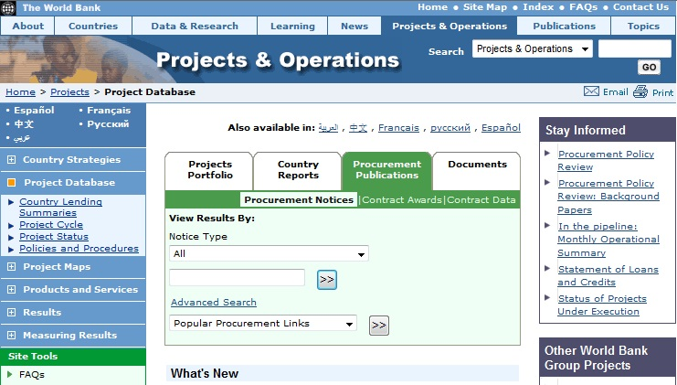 6.9 Evaluatie Tenders zijn op de website gratis te vinden door te klikken op: [Procurement Publications] in de 3e tab en dan [Procurement Notices], zie ook rode pijl in onderstaand figuur: Ook staan