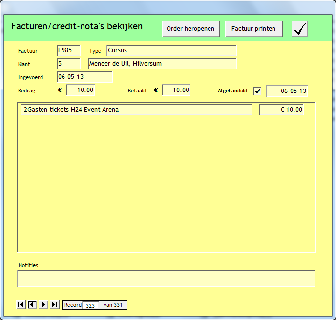 In dit overzicht zijn alle afgehandelde (en geannuleerde) extra facturen en credit-nota s te bekijken. Klik op Order heropenen om de order weer actief te maken.