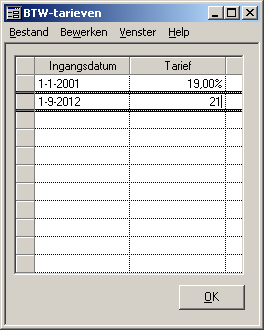 1.1 Aanpassing BTW percentage per 1-9-2012 a. Klik op b. Gebruik Insert-toets c. Kolom datum 1-9-2012 d. Kolom Tarief: 21 e. Klik OK f.