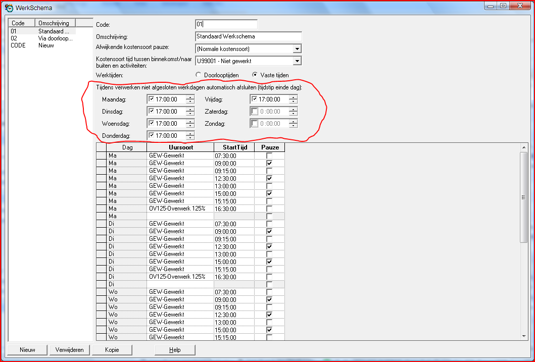 Werkschema's kunnen gekopiëerd worden Het automatisch afsluiten van een dag wordt alleen uitgevoerd wanneer het verwerken op of na einde werktijd plaats vindt.