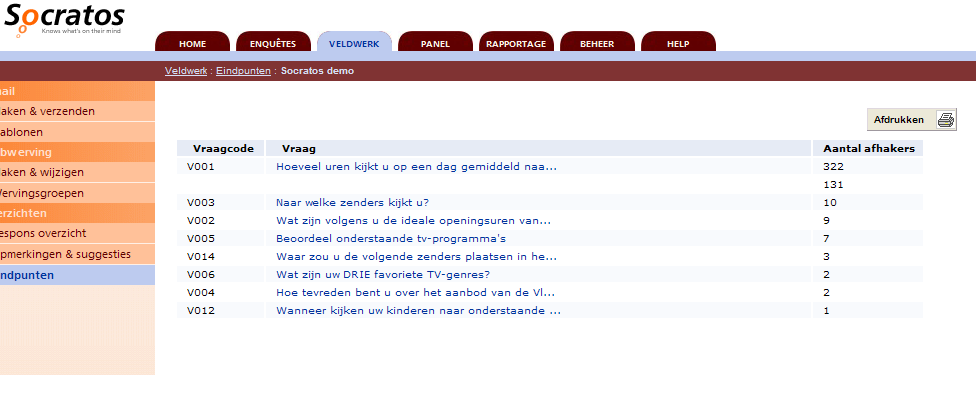 3. Online monitoring Eindpunten Socratos biedt u de mogelijkheid om per enquête te zien op welke vraag