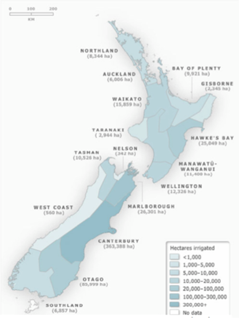 Figuur 2: Irrigatie per regio Figuur 3: beschikbaarheid van water en druk op watervoorzieningen per regio Irrigation Accelaration Fund De overheid van Nieuw-Zeeland erkent de kansen die irrigatie