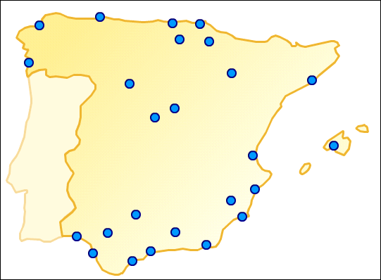 Waar? Duid op de onderstaande kaart: De steden Barcelona, Madrid, Valencia en Santiago de Compostela en Malaga aan Duid de gebieden met