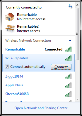Selecteer het WiFi-Repeater1 netwerk (aanklikken) en zorg dat er een vinkje staat bij Connect automatically of Automatisch verbinden. 19. Windows zal bij het verbinden om een wachtwoord vragen.