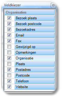 Organisatie 27 Met deze knop linksboven in het zoekscherm kunt u de veldkiezer activeren: Deze lijst vertegenwoordigt alle filters waar u op kunt zoeken.