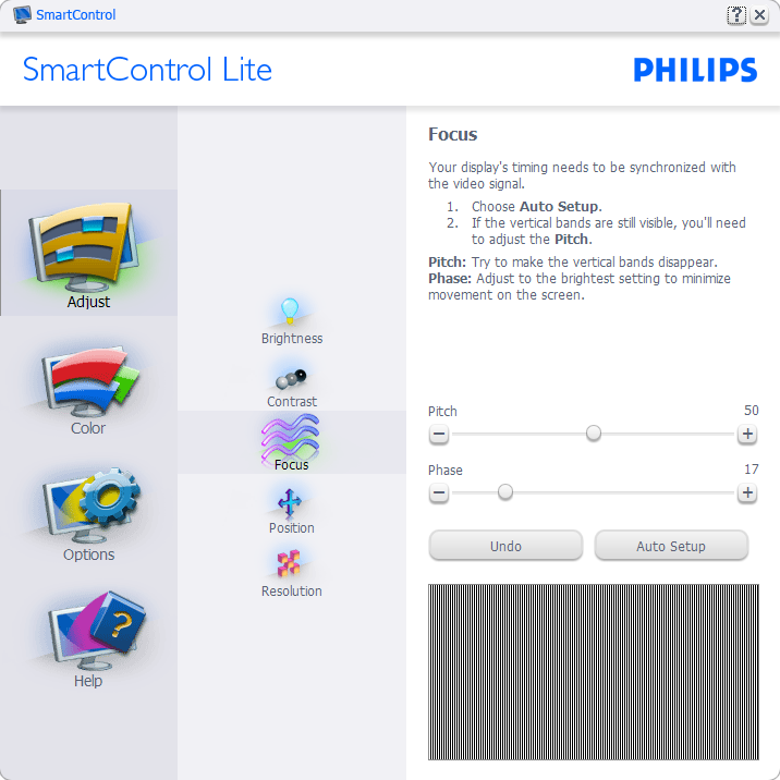 3. Beeldoptimalisatie Start met Standard pane (Standaardvenster): Menu Adjust (Aanpassen): Met het menu Adjust (Aanpassen) wijzigt u Brightness (Helderheid), Contrast, Focus, Position