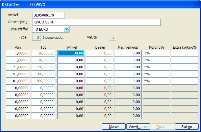 156 Helpfile DBFACTw 2.6Xxxx Vooreerst dienen we het juiste type staffel te koppelen. Ik heb eerst een type staffel aangemaakt genaamd inbouwspots.