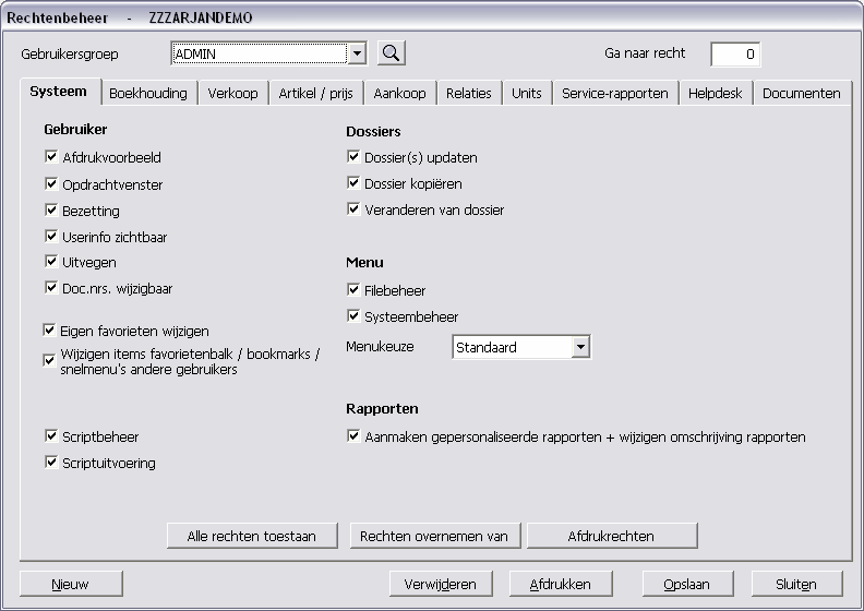 36 Helpfile DBFACTw 2.6Xxxx 2.1.2.3.1 Tab Systeem In de gebruikersgroep kunnen we gebruikers onderbrengen. De gebruikers behoren tot een groep die een aantal rechten en beperkingen krijgt.