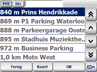 Hoofdstuk 14: Speciale bestemmingen vinden Nu wordt een lijst met speciale bestemmingen uit de eerder geselecteerde categorie in de omtrek van uw actuele positie volgens afstand getoond. 5.