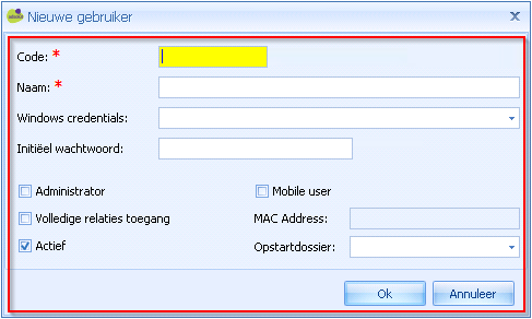Hieronder volgt een overzicht van de velden en hun toepassing: Code: moet een unieke, nog niet bestaande gebruikerscode zijn.