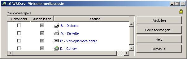 62 Installatie- en gebruikershandleiding Virtual Console Software Als gebruiker B toegang heeft tot die KVM-sessie (de optie Geserveerd is niet geactiveerd), kan gebruiker B de media beheren die in