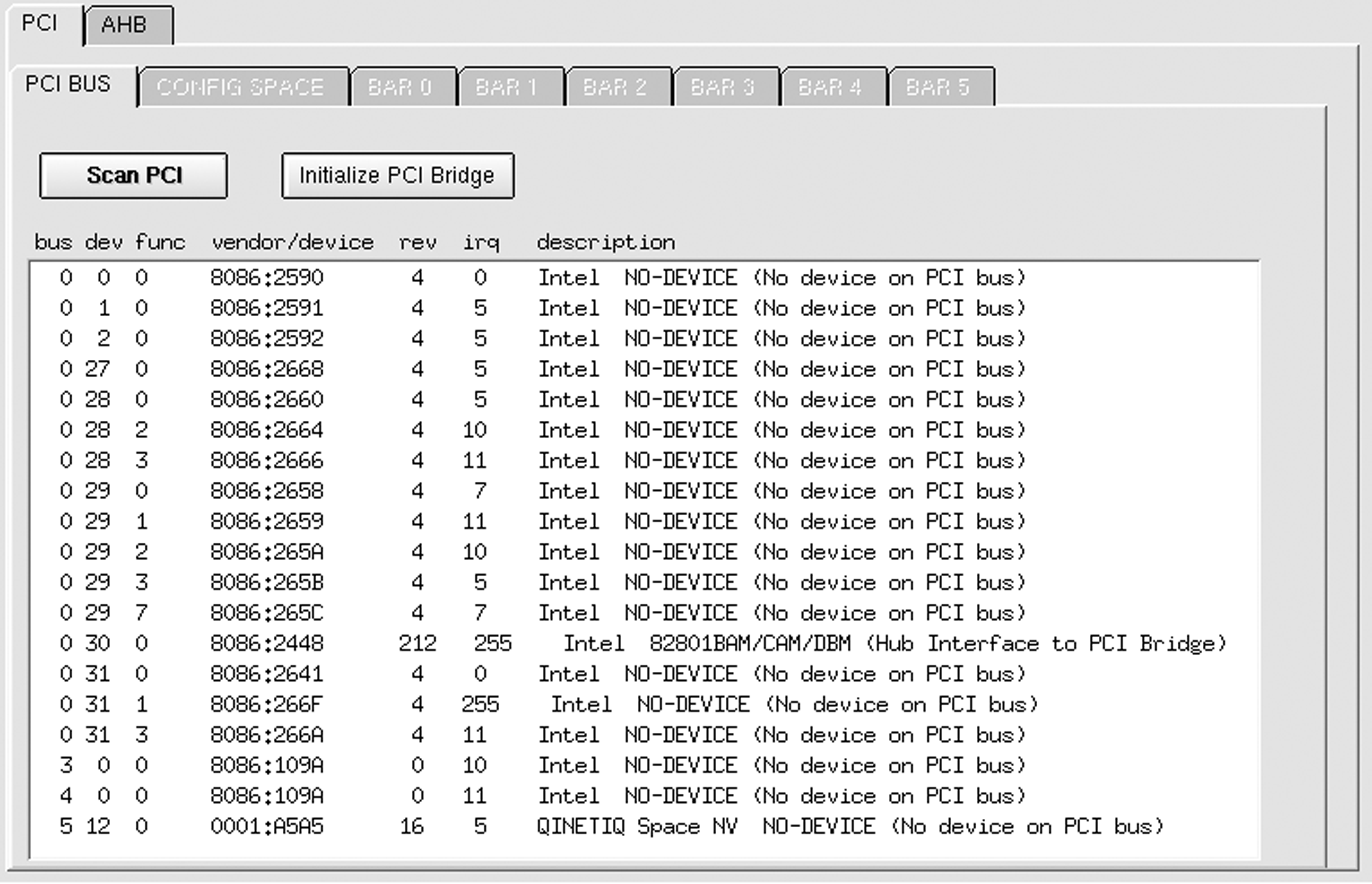 7 Hardware tests 73 Resultaat Zoals men kan merken in figuur 7.3, wordt de kaart correct gedetecteerd tijdens een PCI scan van de OBC TSIM met behulp van de ADPMS PCI client software.