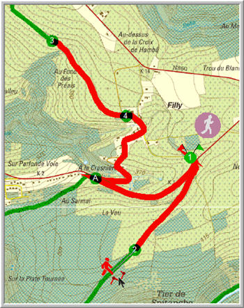 30 kortste verbinding over de bestaande wandelingen tussen de aangeklikte punten indien er een verbinding bestaat. Het gekozen traject wordt rood ingekleurd.