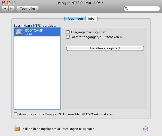 17 In het geopende venster ziet u links een lijst beschikbare NTFS-partities (als er beschikbare zijn). Selecteer een NTFSpartitie, dan verschijnen rechts beschikbare opties om te wijzigen.