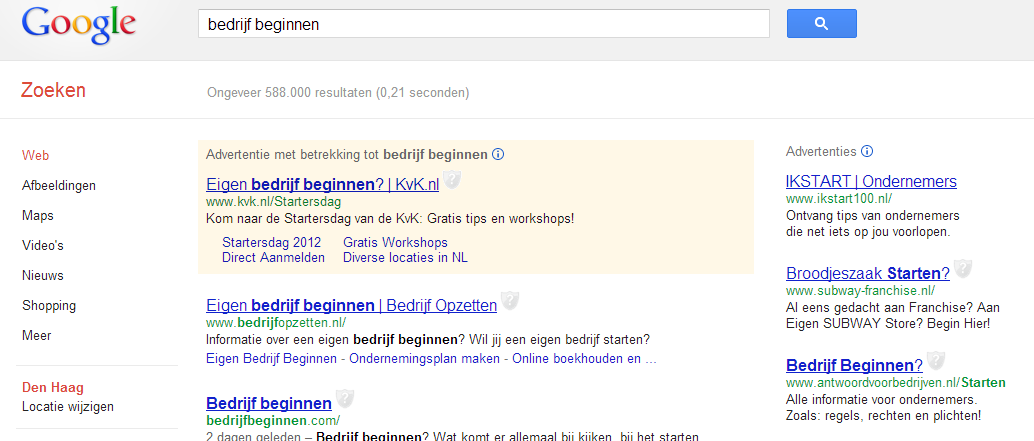 SEA hoe werkt Google Adwords? Als een veilingsysteem > u biedt een vergoeding per klik (CPC) > positie 1, 2,.