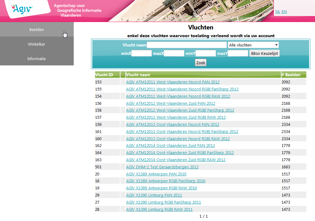 Via de drop down list rechtsboven, kan een keuze gemaakt worden tussen de verschillende soorten vluchten: alle vluchten ; AGIV Provinciaal (vluchten uitgevoerd per provincie of halve provincie); AGIV