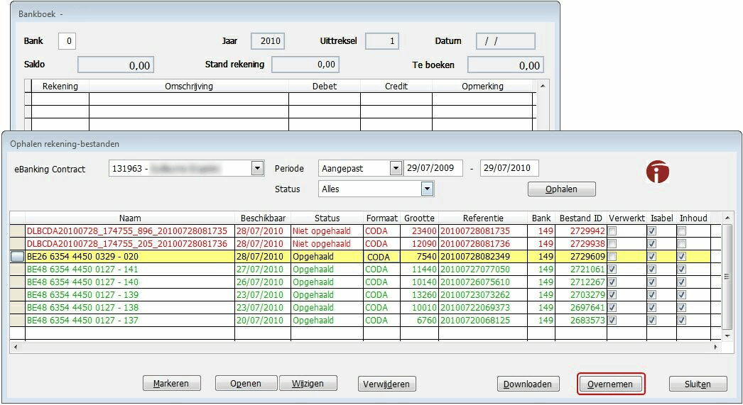 23 Het enige verschil hier is dat er de knop <Overnemen> is bijgekomen. U kan dus eerst de rekeninguittreksels op de Isabel-server ophalen en vervolgens rekeninguittreksels overnemen in het bankboek.