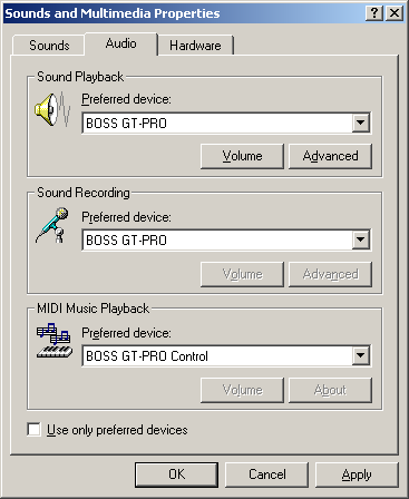 Stuurprogramma: installatie (Windows) Instellingen van het input-/outputapparaat Als u de GT-PRO met de Windows Media Player gebruikt, stelt u de input-/outputapparaten als volgt in.