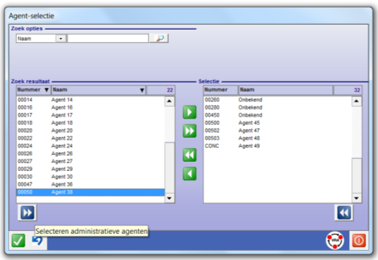 de selectie weer toe te voegen. Met de knop uitsluiten administratieve agenten worden deze in het geheel verwijderd uit de selectie aan de rechterzijde.