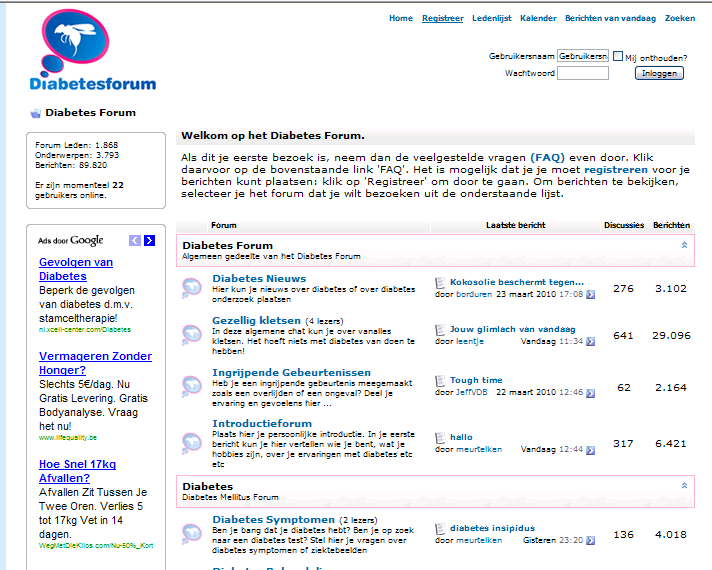 We vinden echter wel een veelgebruikt Belgisch discussieforum omtrent diabetes namelijk Diabetesforum (Figuur 48) met 1.868 leden en bijna 90.000 berichten.