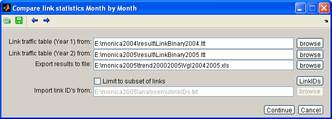 12.3.1 Bediening De functie wordt opgestart vanuit het menu: Trip module/reports/year to year comparison In de interface worden de namen van de invoerbestanden opgegeven, te weten: de Link Traffic