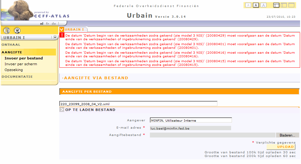 3.2 XML Futmelding bij de uplad van een XML bestand Q : Nadat ik een XML geselecteerd heb krijg ik één f meer futmeldingen.