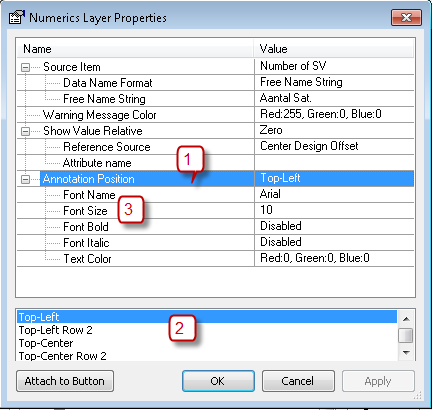 Zie de volgende figuur. 1. Klik op Data Name Format. 2. Kies Free name string van de keuzelijst. 3. Klik Free name string in de properties. 4. Geef de benaming voor in de view.