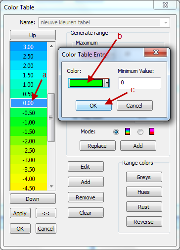 4.5 Kleurentabel waarden verfijnen Het is mogelijk bepaalde waarden of kleuren aan te passen in de kleurentabel of binnen een bepaald bereik van de kleurentabel een betere resolutie te krijgen.