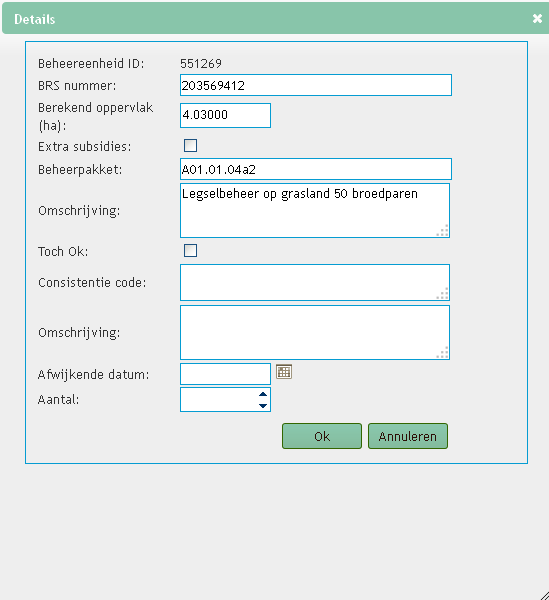 Via de hyperlink Details in de tabel kan de informatie van 1 beheereenheid worden aangepast.