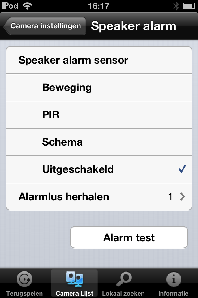 43 NEDERLANDS Speaker alarm Selecteer welke sensor het speaker alarm in werking moet stellen en hoe vaak het alarm afgaat.