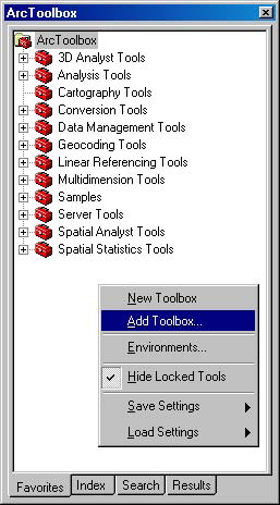Binnen ArcMap klikt u op de rechtermuisknop en kiest u de HKV BOWA Tools.tbx uit de folder waar u zojuist de HKV BOWA Tools geinstalleerd heeft of u sleept de toolbox uit ArcCatalog naar ArcMap toe.