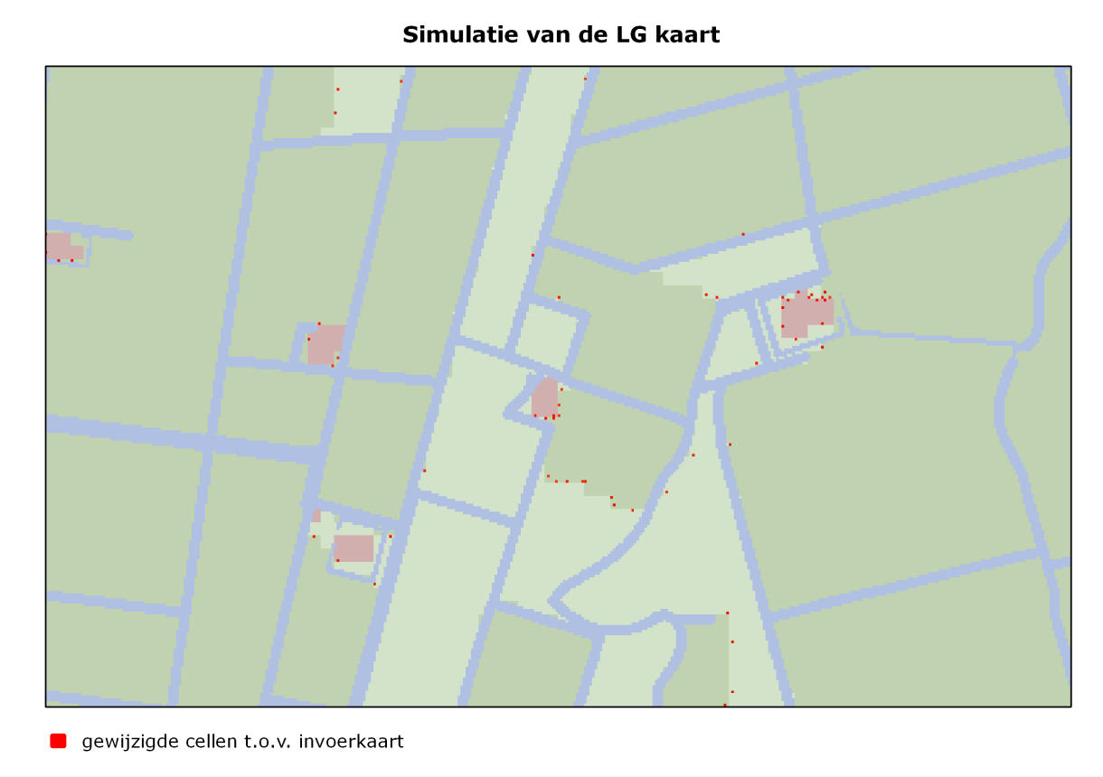 Figuur 2-4: Voorbeeld van waar de classificatie in de gesimuleerde LG kaart afwijkt van de originele kaart (afwijkende cellen zijn met een rode kleur weergegeven). 2.3.