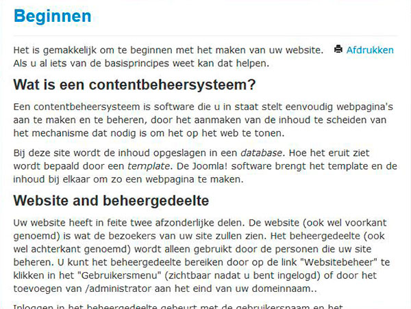 Het Print en E-mail popup venster wordt zichtbaar als u op één van de iconen heeft geklikt. De template van dit venster is het component.php bestand uit uw geïnstalleerde Basis Joomla 3 template.