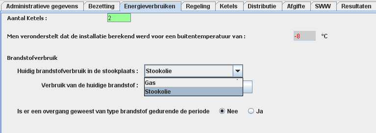 Scherm 5.4.2. -1 Er zijn 3 mogelijke brandstofkeuze: Stookolie: uit te drukken in liters. Geen onderscheid tussen gasolie verwarming en gasolie extra.